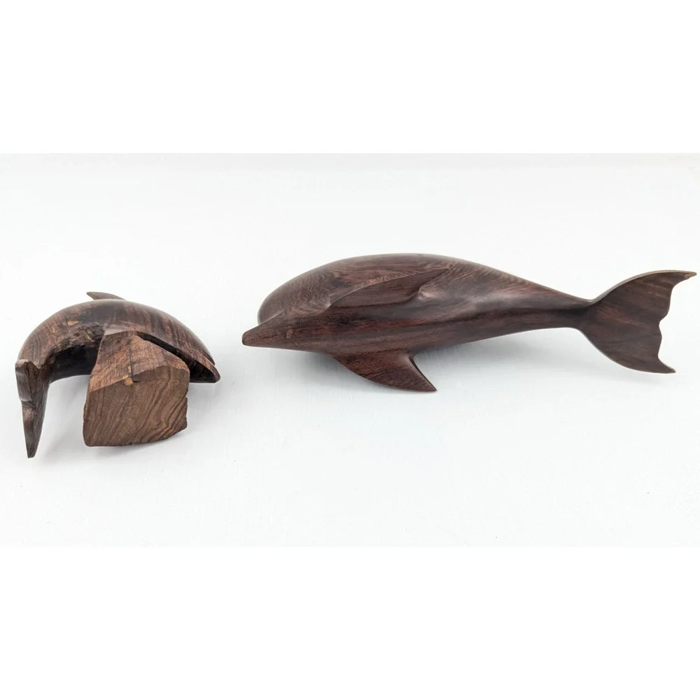Set 2 Vintage Hand Carved Ironwood Dolphin Sculptures Figures Dolphins 9" and 5" - Picture 9 of 12